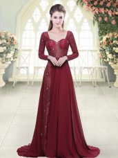 Burgundy Going Out Dresses Chiffon Brush Train Long Sleeves Beading and Appliques