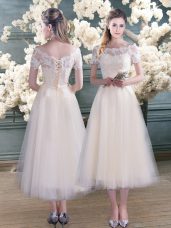 Beauteous Tulle Short Sleeves Tea Length Prom Dress and Lace