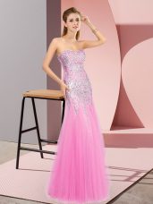 Rose Pink Tulle Zipper Evening Dresses Sleeveless Floor Length Beading
