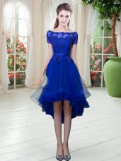 Enchanting Royal Blue Short Sleeves High Low Appliques Lace Up Dress for Prom