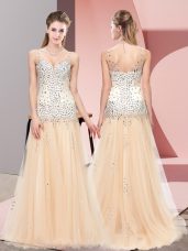 Champagne Zipper V-neck Beading Tulle Sleeveless Sweep Train