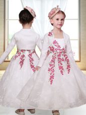 Sleeveless Lace Ankle Length Zipper Toddler Flower Girl Dress in White with Embroidery