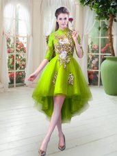 Low Price Half Sleeves High Low Appliques Zipper Prom Dresses with Yellow Green