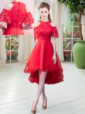 High-neck Short Sleeves Prom Dress High Low Lace Red Tulle
