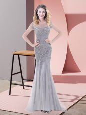 Stunning Grey Zipper Dress for Prom Beading Short Sleeves Floor Length