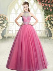Sleeveless Tulle Floor Length Zipper Evening Gowns in Pink with Beading