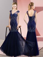 Floor Length Mermaid Sleeveless Navy Blue Dress for Prom Lace Up