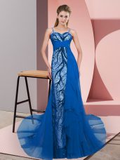 Beading and Lace Formal Evening Gowns Blue Zipper Sleeveless Sweep Train