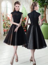 Modern Black Cap Sleeves Knee Length Beading and Lace Zipper Prom Party Dress
