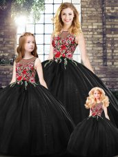 Black Ball Gowns Scoop Sleeveless Floor Length Zipper Embroidery 15th Birthday Dress