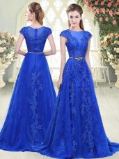 Blue Tulle Zipper Scoop Cap Sleeves Prom Dress Sweep Train Lace and Appliques