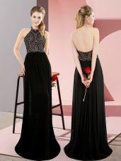 Sleeveless Chiffon Sweep Train Backless Dress for Prom in Black with Beading