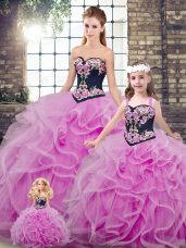High Quality Embroidery and Ruffles Quinceanera Dress Lilac Lace Up Sleeveless Sweep Train