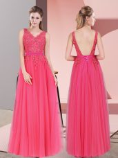 New Arrival Hot Pink Sleeveless Lace Floor Length Evening Dress