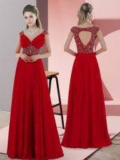 Red Satin Lace Up Prom Dress Sleeveless Sweep Train Beading