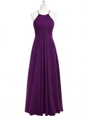 Affordable Floor Length Purple Prom Dress Chiffon Sleeveless Ruching