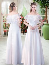 Luxury White Off The Shoulder Neckline Lace Prom Dresses Short Sleeves Zipper