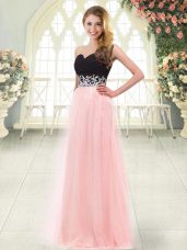 Luxury Sweetheart Sleeveless Evening Dress Floor Length Appliques Baby Pink Tulle