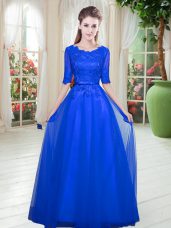 Unique Floor Length Lace Up Dress for Prom Royal Blue for Prom and Party with Lace