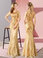 Excellent Gold Half Sleeves Floor Length Sequins Zipper Evening Party Dresses