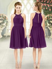 Knee Length Zipper Dress for Prom Purple for Prom and Party with Ruching