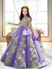 Appliques Child Pageant Dress Lavender Backless Sleeveless Court Train
