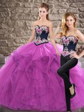 Great Sleeveless Sweep Train Lace Up 15th Birthday Dress in Purple with Embroidery and Ruffles