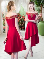 Off The Shoulder Sleeveless Zipper Prom Party Dress Red Satin