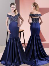 Unique Blue Satin Zipper Off The Shoulder Sleeveless Prom Party Dress Sweep Train Beading