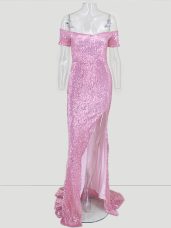 Superior Pink Zipper Evening Outfits Sequins Short Sleeves Sweep Train
