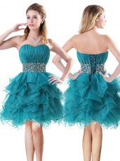 Charming Teal Organza Lace Up Sweetheart Sleeveless Mini Length Prom Dress Beading and Ruffles