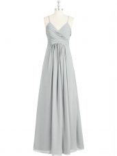 Sleeveless Chiffon Floor Length Backless Prom Gown in Grey with Ruching