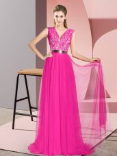 Customized Fuchsia Prom Dresses Tulle Sweep Train Sleeveless Beading and Lace and Belt