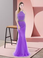 Mermaid Sleeveless Purple Prom Gown Sweep Train Backless