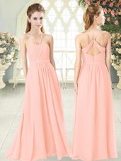 Floor Length Pink Prom Dresses Chiffon Sleeveless Ruching