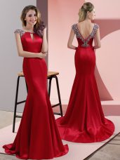 Amazing Cap Sleeves Beading Backless Dress for Prom with Red Sweep Train