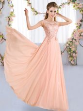 Peach Chiffon Lace Up Scoop Sleeveless Floor Length Dama Dress for Quinceanera Lace