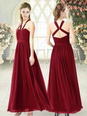 Burgundy Sleeveless Chiffon Backless Evening Dress for Prom and Party
