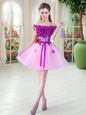 Lilac Sleeveless Mini Length Beading and Appliques Lace Up Prom Party Dress