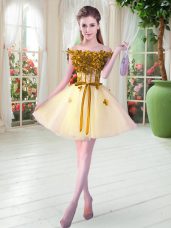 Dazzling Sleeveless Mini Length Beading and Appliques Lace Up Prom Evening Gown with Yellow