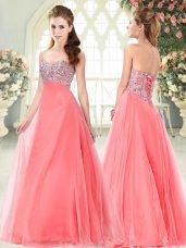 Clearance Floor Length Watermelon Red Prom Gown Tulle Sleeveless Beading