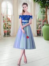 Tea Length Blue Evening Party Dresses Tulle Sleeveless Appliques