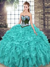 Sweep Train Ball Gowns Quinceanera Gowns Turquoise Sweetheart Organza Sleeveless Lace Up
