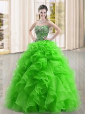 Glittering Floor Length Green Quinceanera Dresses Organza Sleeveless Beading and Ruffles