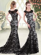Scoop Sleeveless Sweep Train Appliques Black Lace