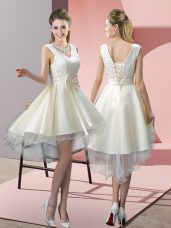 White A-line Tulle V-neck Sleeveless Lace and Bowknot High Low Lace Up Prom Dress
