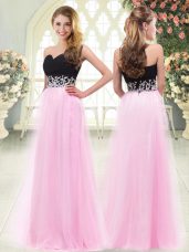 High Quality Sleeveless Floor Length Appliques Zipper Prom Dresses with Rose Pink