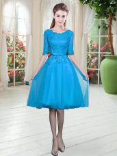 Chic Blue Half Sleeves Tulle Lace Up for Prom and Party
