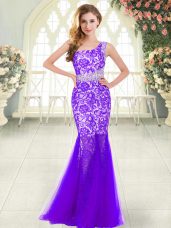 One Shoulder Sleeveless Floor Length Beading and Lace Purple Tulle