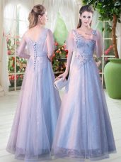 Luxury Tulle Short Sleeves Floor Length Prom Party Dress and Appliques